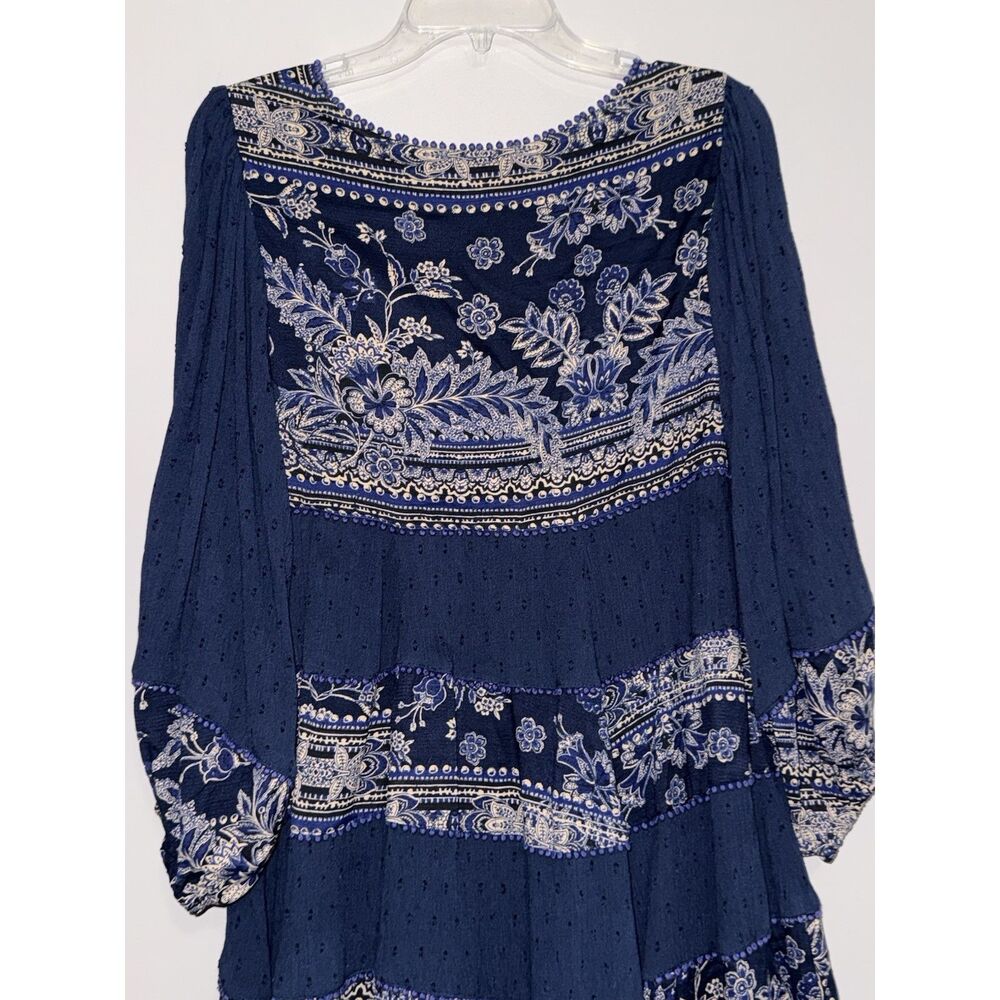 Free People My‎ Love Mini Dress Boho Hippie Balloon Sleeve Blue Floral Patch XS - Picture 10 of 16